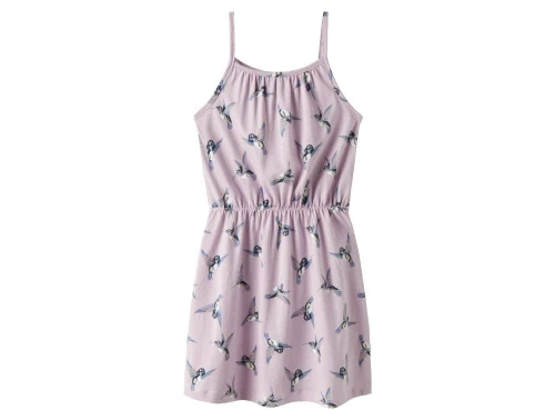 name it kjole i lys lilla med fugleprint og tynde stropper, set forfra