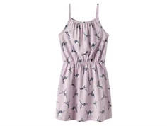 name it kjole i lys lilla med fugleprint og tynde stropper, set forfra