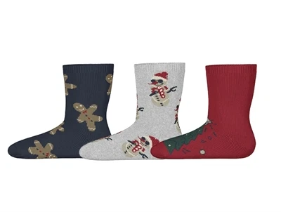 Name It strømper 3-pak navy blazer, grey melange og jester red med juleprint