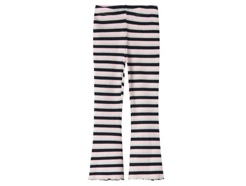 name it bukser i rosa og mørkeblå striber med flæsekant, set forfra