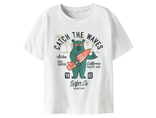 name it t-shirt i hvid med surferbjørn og print, set forfra