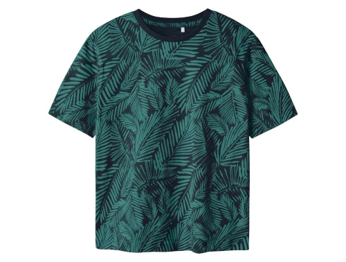 name it t-shirt i mørkegrøn med all-over palmeprint, set forfra