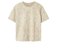 name it t-shirt i beige med palmeprint, set forfra
