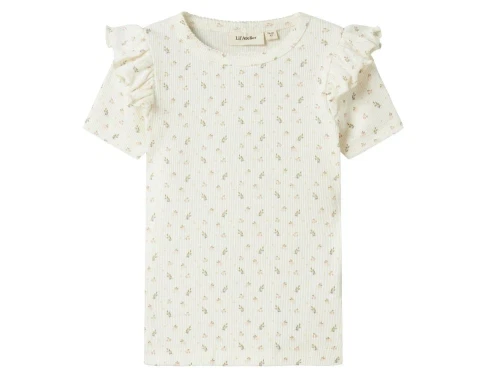 T-shirt fra Lil\' Atelier i coconut milk med blomsterprint og flæser
