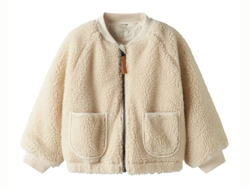 Lil\' Atelier bomberjakke i råhvid teddy med lynlås og lommer foran