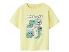 name it t-shirt i gul med stort dinosaurprint, set forfra