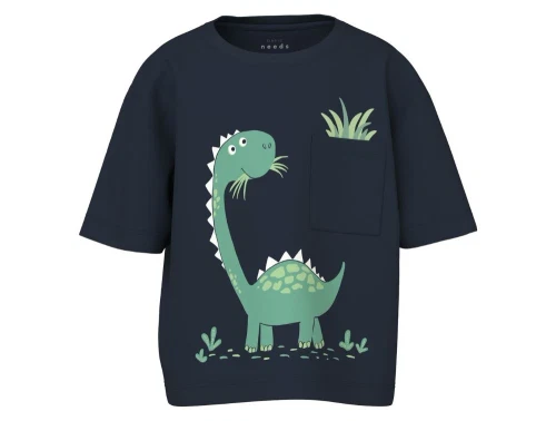 mørkeblå t-shirt fra name it med stor dino og lommeprint foran