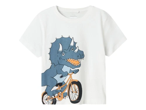 hvid t-shirt fra name it med stort print af blå dinosaur på orange cykel