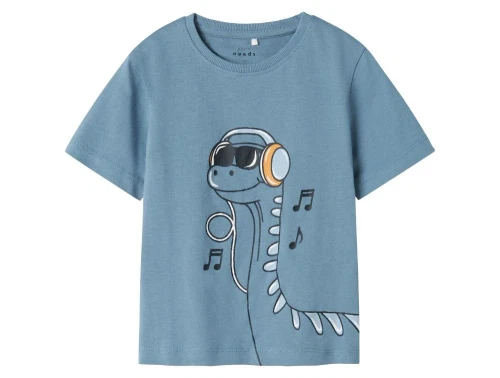 blå t-shirt fra name it med print af dinosaur med høretelefoner og noder