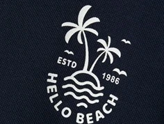nærbillede af hvidt tryk med palmer og hello beach tekst på navy sweatshirt fra name it