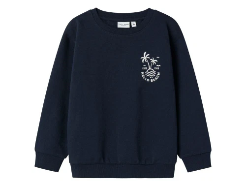 mørkeblå sweatshirt fra name it med hvidt hello beach print på brystet