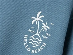 nærbillede af hvidt tryk med palmer og tekst hello beach på blå sweatshirt fra name it