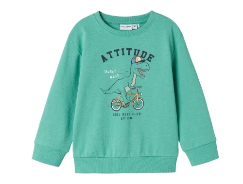 mintgrøn sweatshirt fra name it med print af dinosaur på cykel og teksten attitude, set forfra