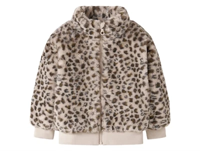 Name It teddyjakke grå med leopardprint set forfra