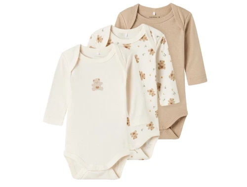 Name It body 3-pak i beige nuancer med bamseprint
