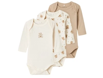 Name It body 3-pak i beige nuancer med bamseprint