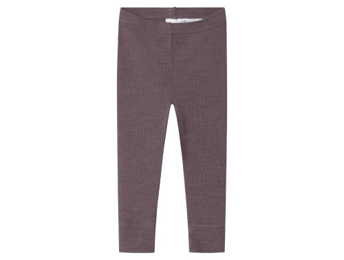 Name It leggings i sparrow mørk lilla nuance i merinould med ribmønster set forfra