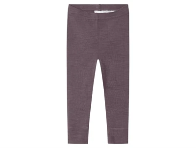 Name It leggings i sparrow mørk lilla nuance i merinould med ribmønster set forfra
