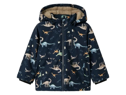 Name It vinterjakke mørkeblå med dinosaurprint og aftagelig hætte