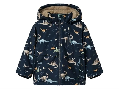 Name It vinterjakke mørkeblå med dinosaurprint og aftagelig hætte