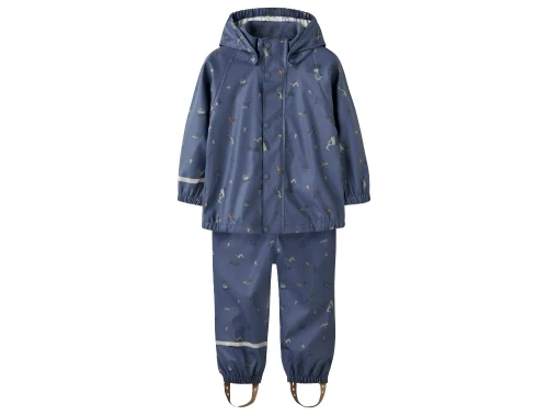 Name It regnsæt i blå med print og hætte set forfra