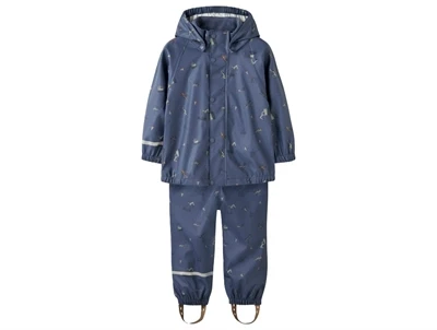Name It regnsæt i blå med print og hætte set forfra