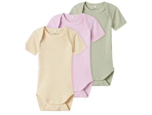 Name It body 3-pak i rib med korte ærmer i beige, lilla og grøn