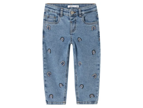 Name It jeans i blå denim med små regnbuebroderier og justerbar talje