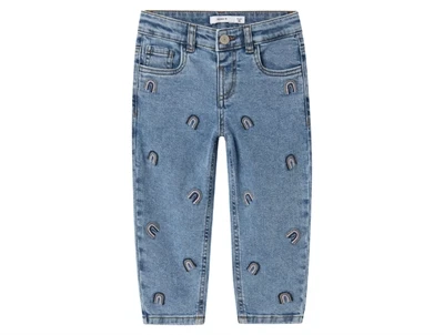 Name It jeans i blå denim med små regnbuebroderier og justerbar talje