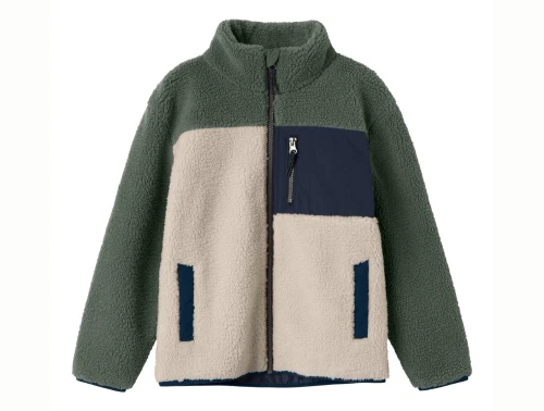 Name It Kids teddy jakke i råhvid og grøn nuance med lynlås