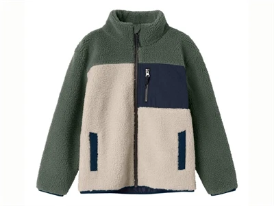 Name It Kids teddy jakke i råhvid og grøn nuance med lynlås