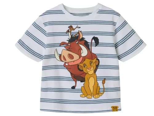 Hvid og blåstribet t-shirt fra Name It med Løvernes Konge motiv