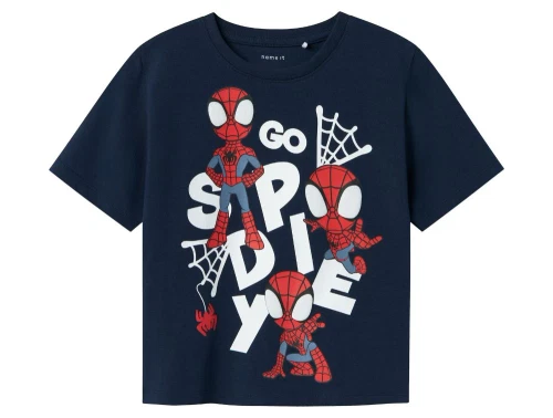 Mørkeblå t-shirt fra Name It med Spider-Man motiv og tekst