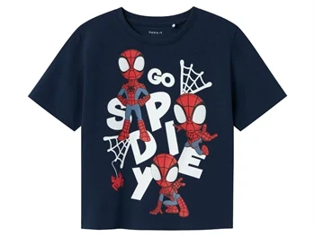 Mørkeblå t-shirt fra Name It med Spider-Man motiv og tekst