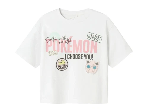 name it t-shirt i hvid med pokemon badge og jigglypuff print, set forfra
