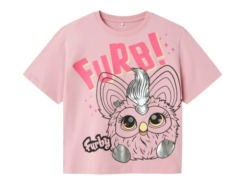 name it t-shirt i rosa med stort furby print og sølvdetaljer, set forfra