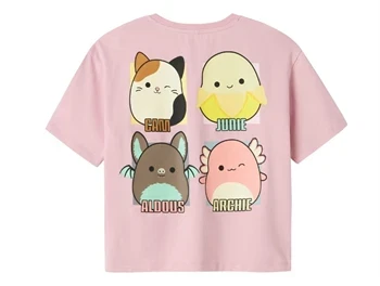 ryg af pink t-shirt fra Name It med Squishmallows figurer og navne