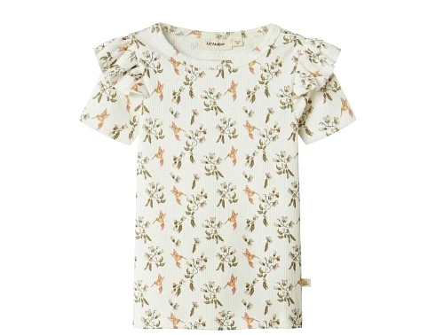 T-shirt fra Lil\' Atelier i coconut milk med kolibri-print og flæser