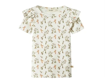 T-shirt fra Lil' Atelier i coconut milk med kolibri-print og flæser