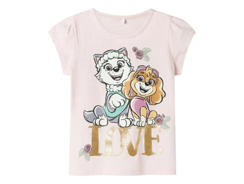 Lyserød t-shirt fra Name It med Paw Patrol og LOVE-print med glitter