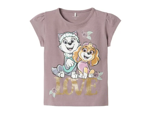 Lilla t-shirt fra Name It med Paw Patrol print og glittertekst
