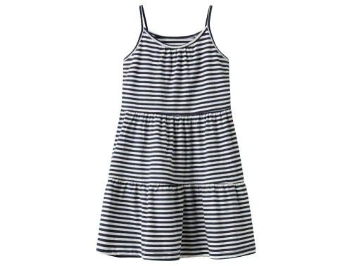 name it kjole i mørkeblå og hvide striber, set forfra