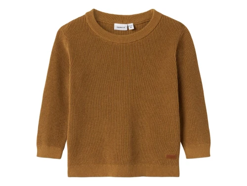 Name It striktrøje i gylden brun nuance med strukturstrik og rund hals