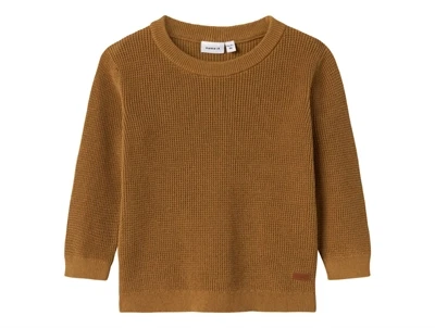 Name It striktrøje i gylden brun nuance med strukturstrik og rund hals