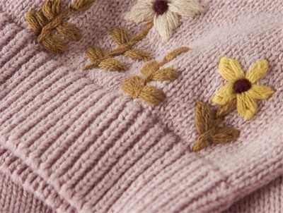 Detalje af broderede blomster på Name It cardigan i burnished lilac