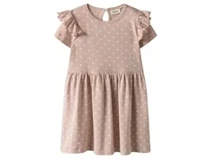 lil' atelier kjole i lyserød med svaneprint og flæseærmer, set forfra