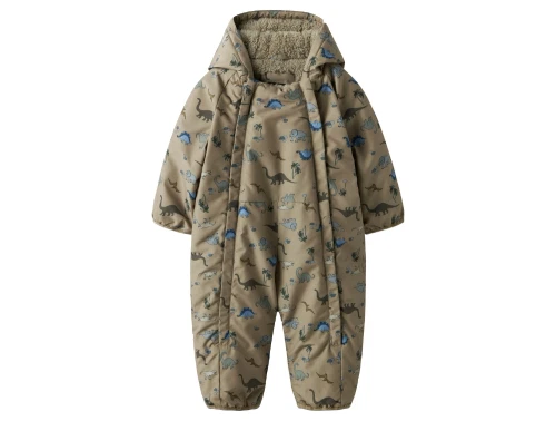 Name It flyverdragt i silver mink med dinosaurprint set forfra