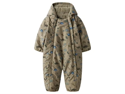 Name It flyverdragt i silver mink med dinosaurprint set forfra