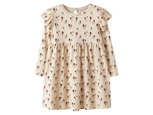 Lil\' Atelier kjole i råhvid nuance med rødt blomsterprint og flæser