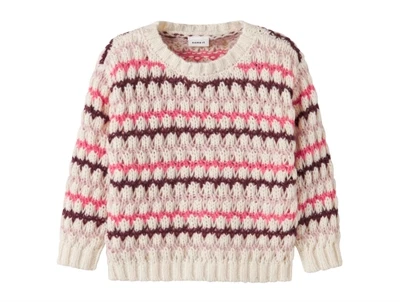 Name It striktrøje i råhvid nuance med pink og bordeaux striber